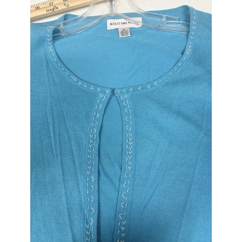 August Max Woman 3X Turquoise Blue Beaded Trim Tie Front Cardigan Sweater Plus - Picture 15 of 16